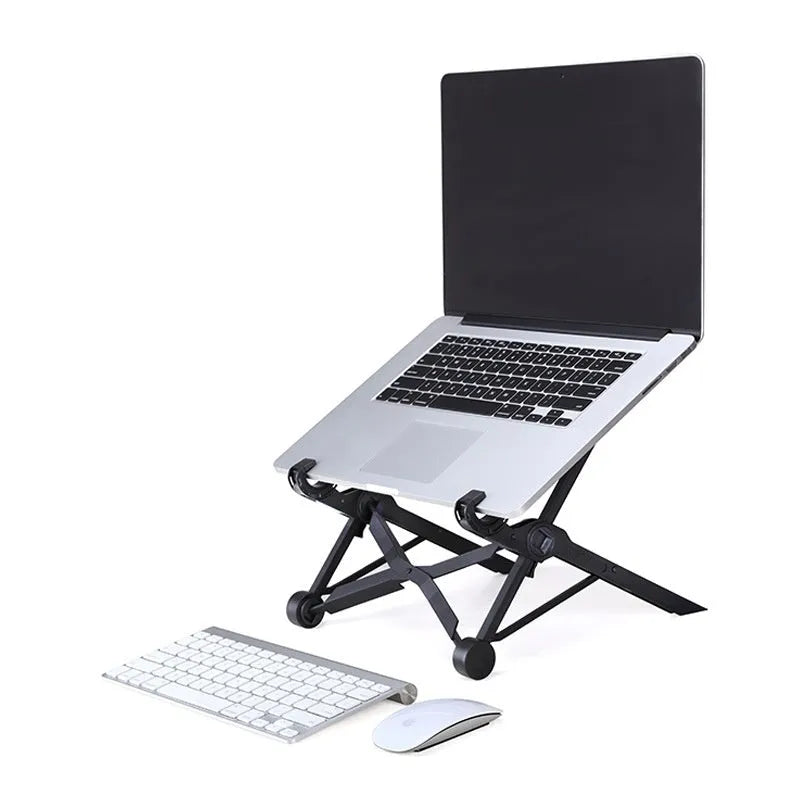Sagacious black folding laptop stand with carrying case, shown folded and unfolded