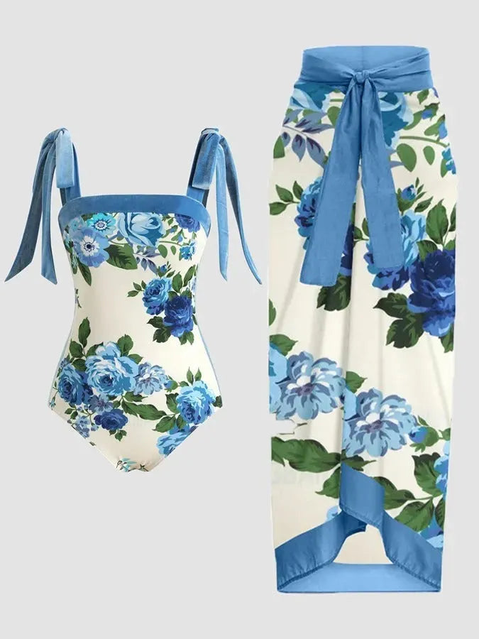 Women's floral printed two-piece swimsuit with chiffon hip skirt in multiple colour options