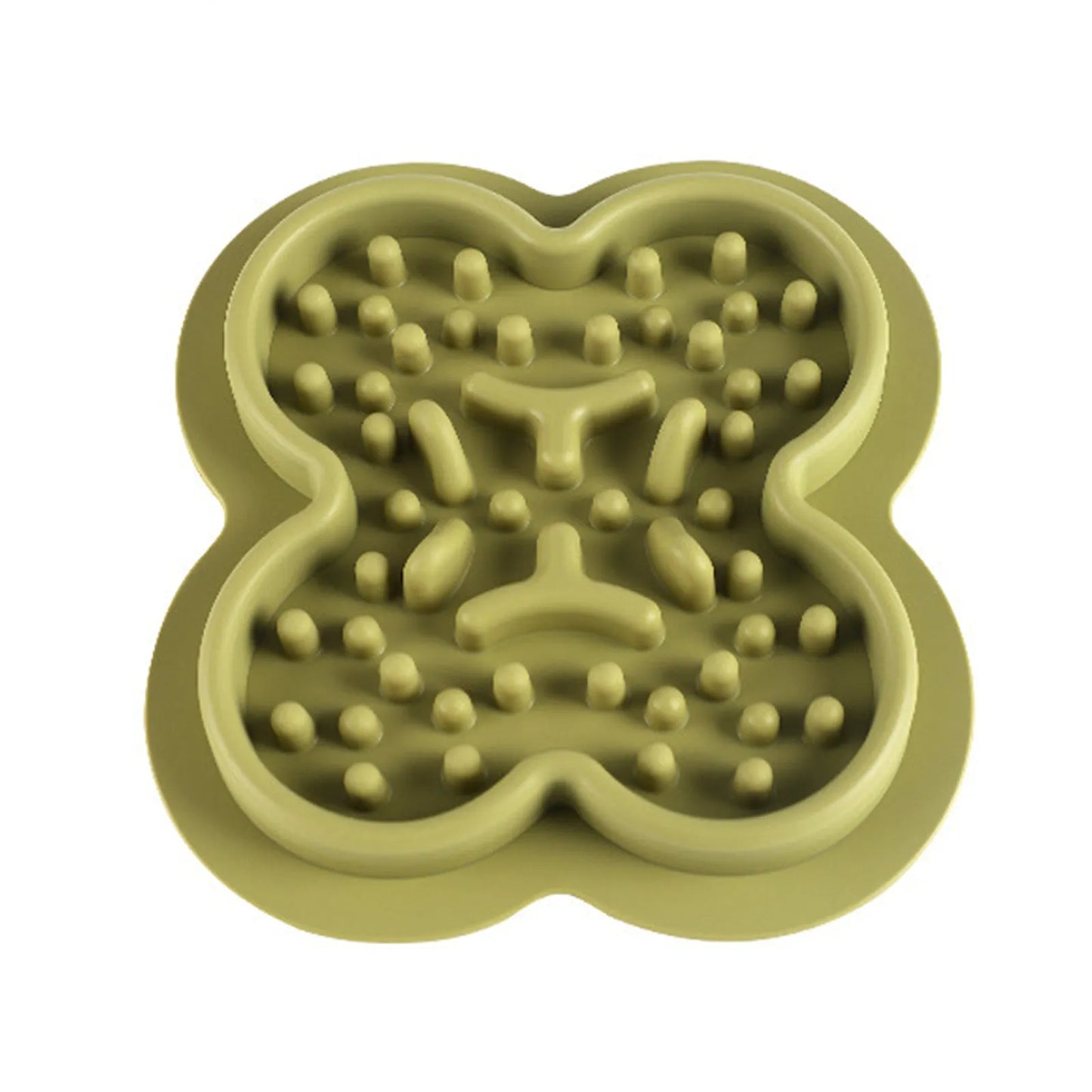 Silicone pet licking mat in green with textured surface and suction cups on base