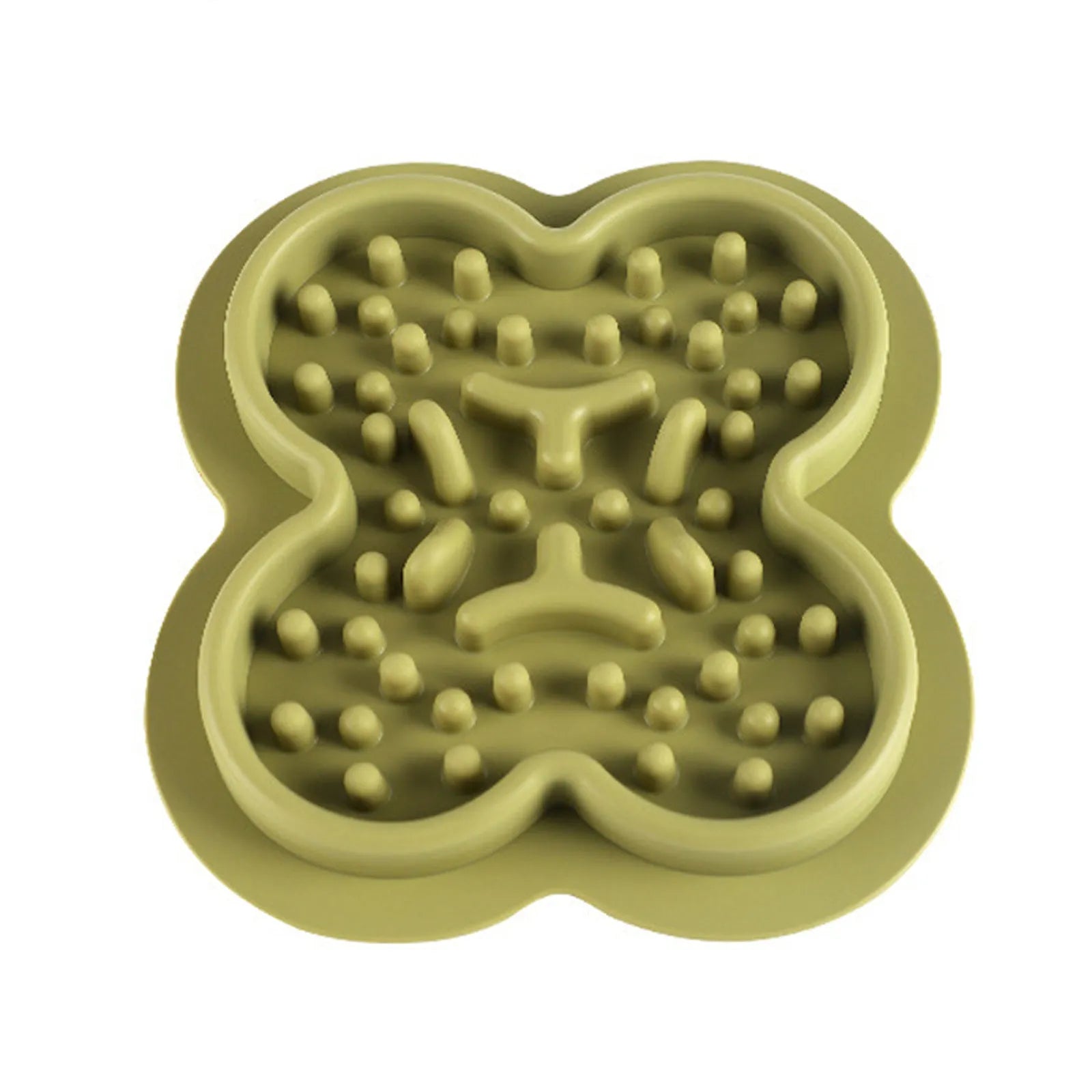 Silicone pet licking mat in green with textured surface and suction cups on base