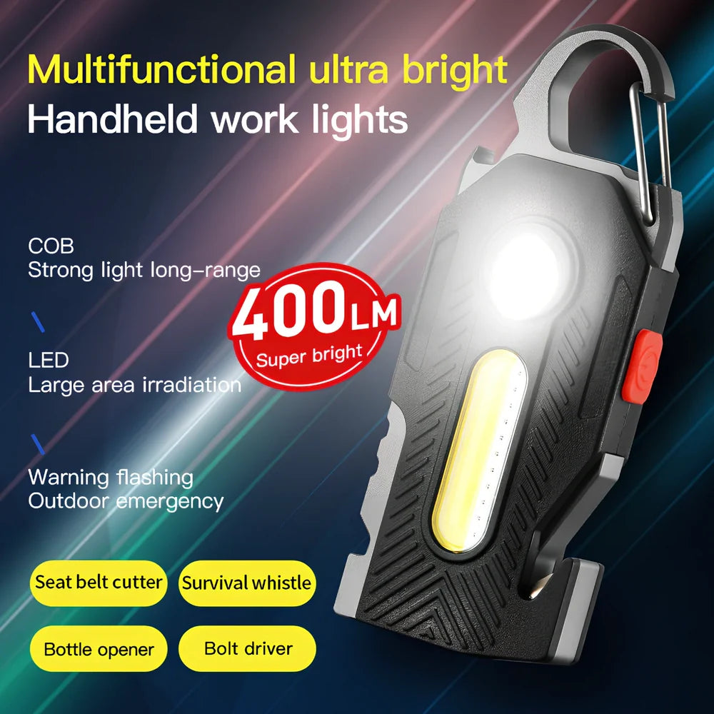 Multifunctional emergency light showing aluminium construction, tools, and 400LM COB lighting