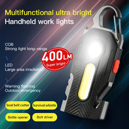 Multifunctional emergency light showing aluminium construction, tools, and 400LM COB lighting