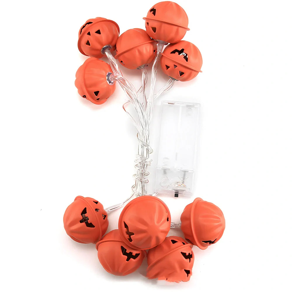 Halloween pumpkin string lights with iron shells, warm white illumination, battery operation