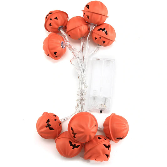 Halloween pumpkin string lights with iron shells, warm white illumination, battery operation