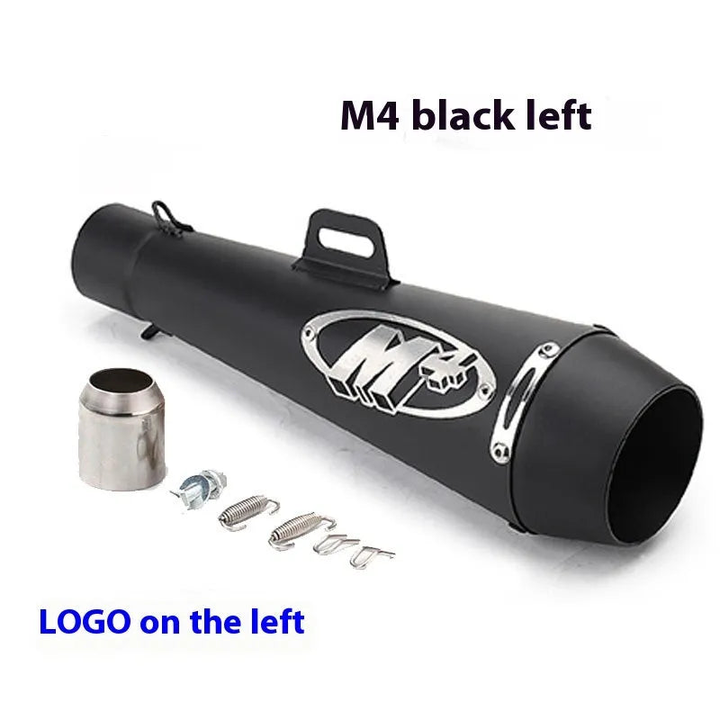 Universal M4 motorcycle exhaust pipe in various finishes including black, titanium, and half blue with back pressure options