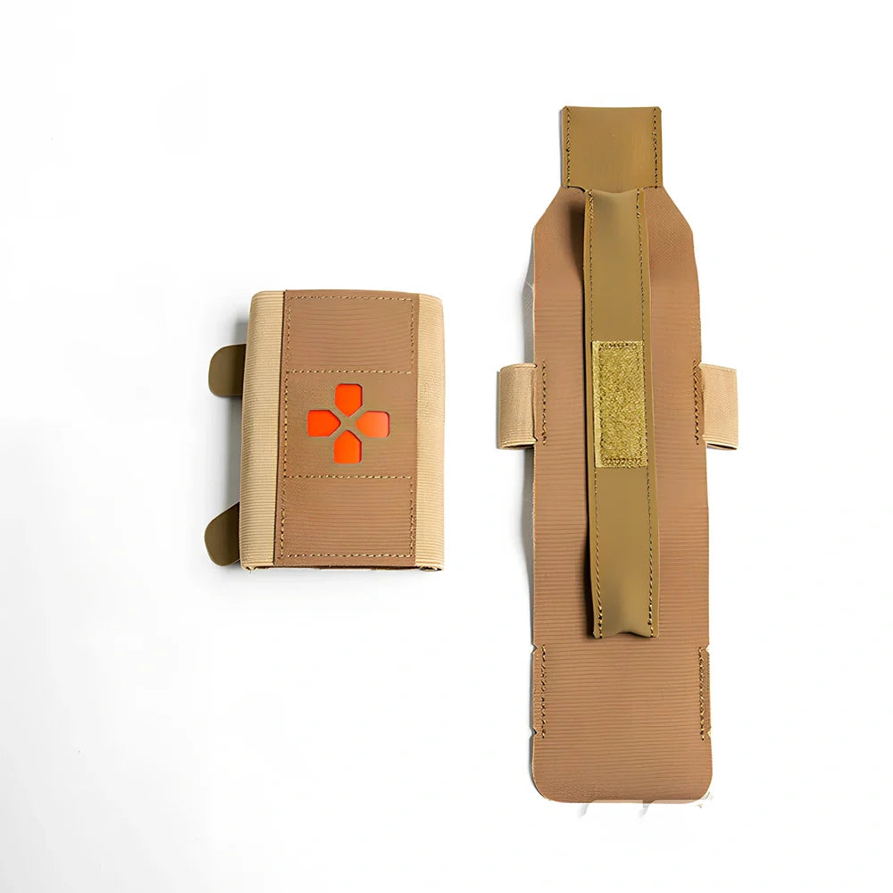 Nylon first-aid kit in camouflage pattern with organised medical supply compartments