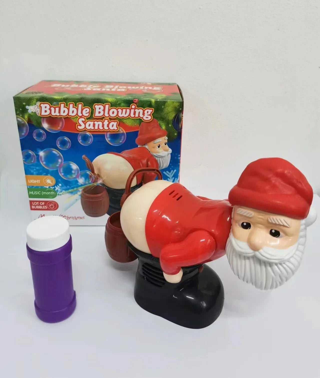 Festive Santa Claus-themed bubble machine with charming holiday music and durable ABS construction