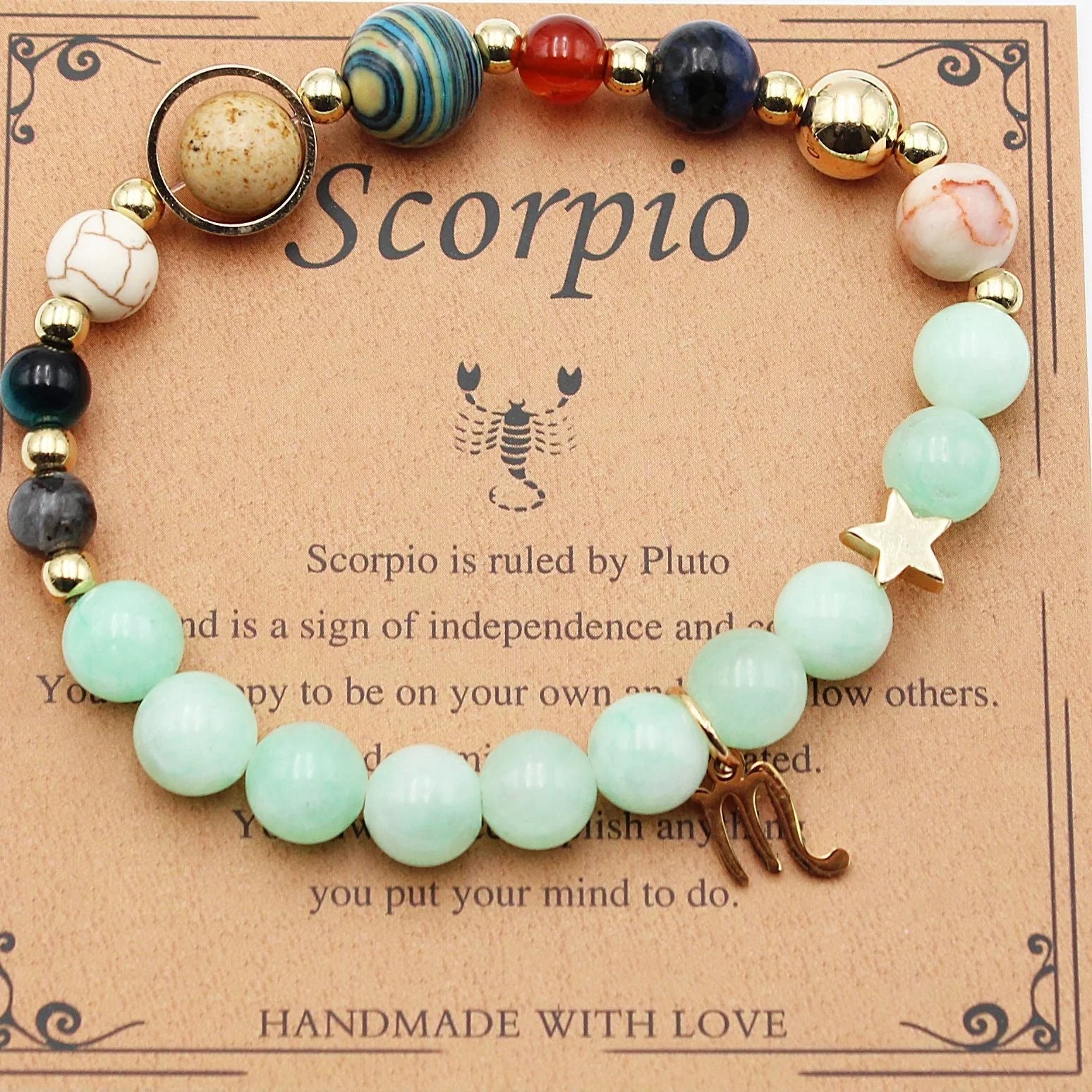 12 Constellation Morgan Stone Beaded Bracelet featuring detailed zodiac signs on 19mm beads