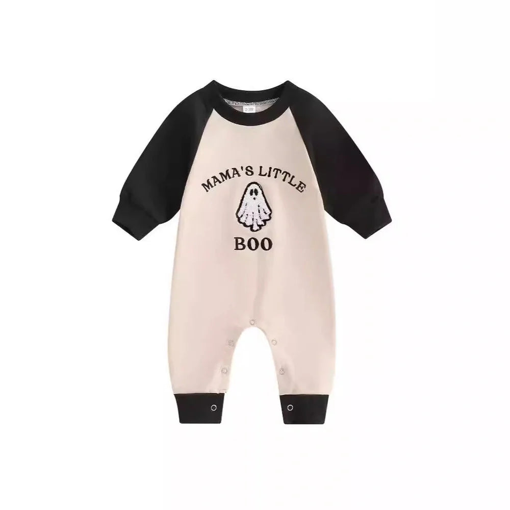 Apricot colour blocked baby jumpsuit with letter ghost embroidery, long sleeves, and pullover closure