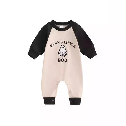 Apricot colour blocked baby jumpsuit with letter ghost embroidery, long sleeves, and pullover closure