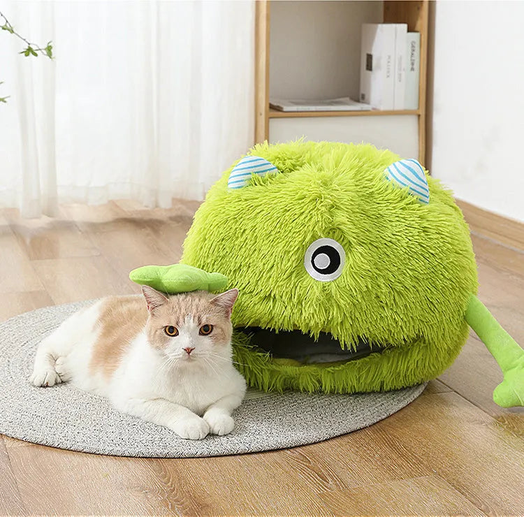 Round fluffy plush pet bed for cats with high walls and a non-slip grey bottom, shown in a large size.