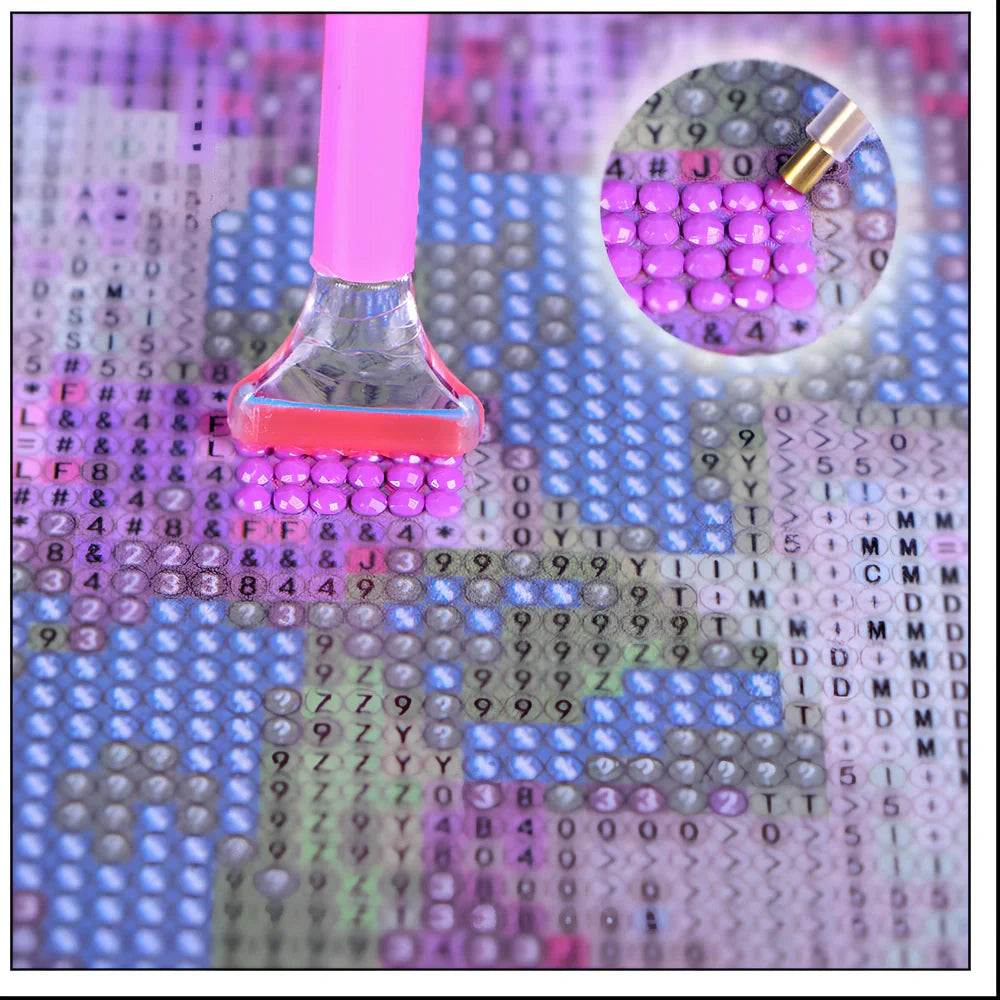 Diamond painting DIY kit showing five consecutive 70x35cm oil-on-canvas artworks with diamond application in progress