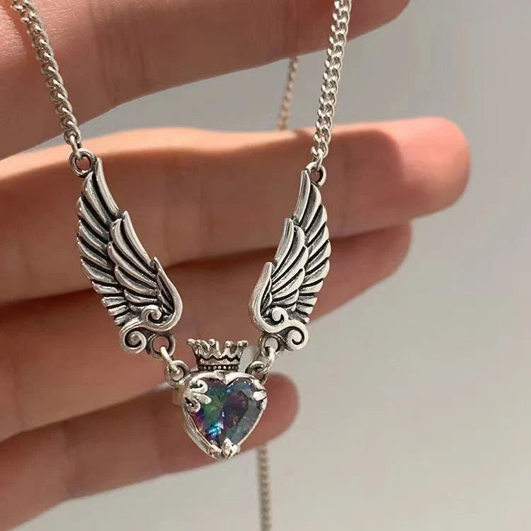 Gothic Heart Crown Angel Wings Pendant Necklace for women featuring a unique design with crystal inlays.