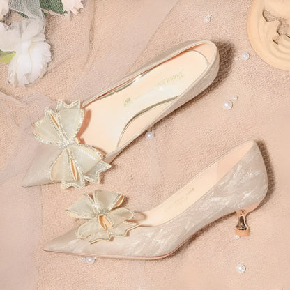 Champagne gold crystal sequinned stiletto heel pumps with shallow mouth for wedding banquets