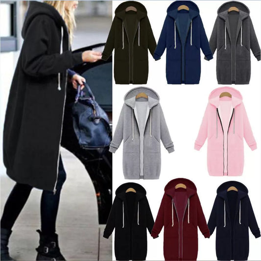Hooded long sleeve sweater fleece jacket in navy blue with zipper closure