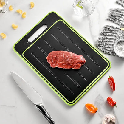 Grey square aluminium cutting board with double-sided design showing grinding teeth and knife sharpener