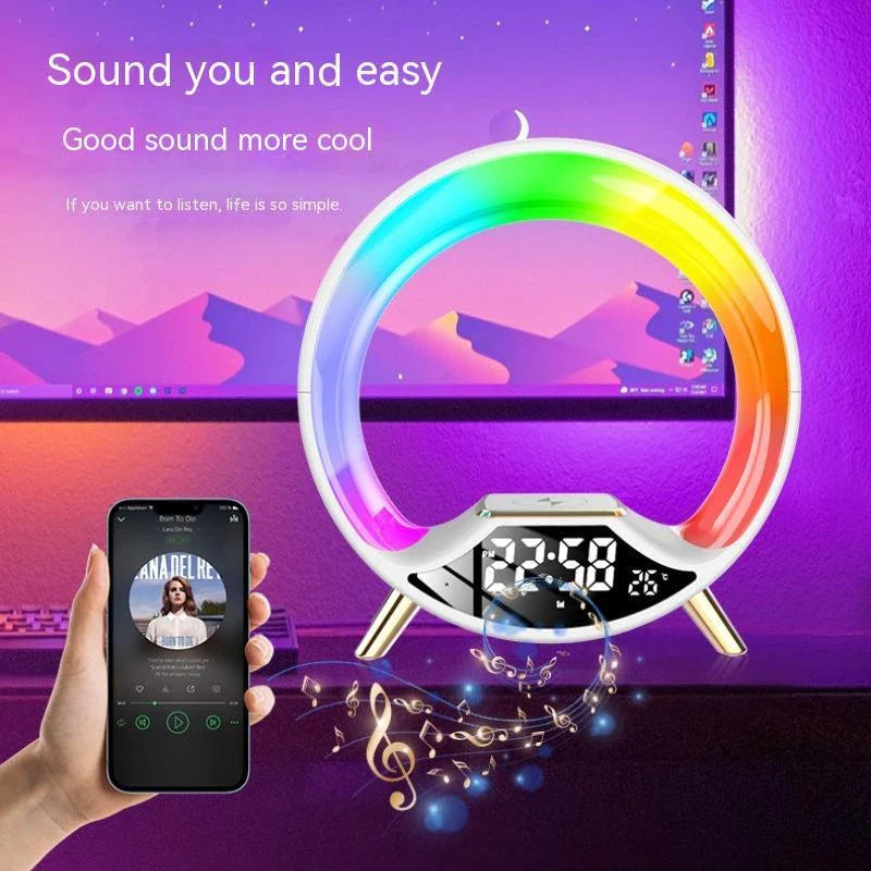 Versatile wireless charging nightlight with Bluetooth speaker, featuring adjustable lighting and compact design