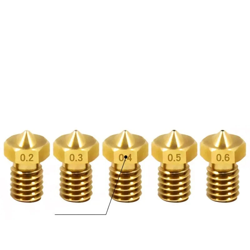 Brass 3D printer nozzle with M6 thread showing different outlet aperture sizes on a white background.