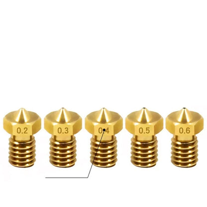 Brass 3D printer nozzle with M6 thread showing different outlet aperture sizes on a white background.