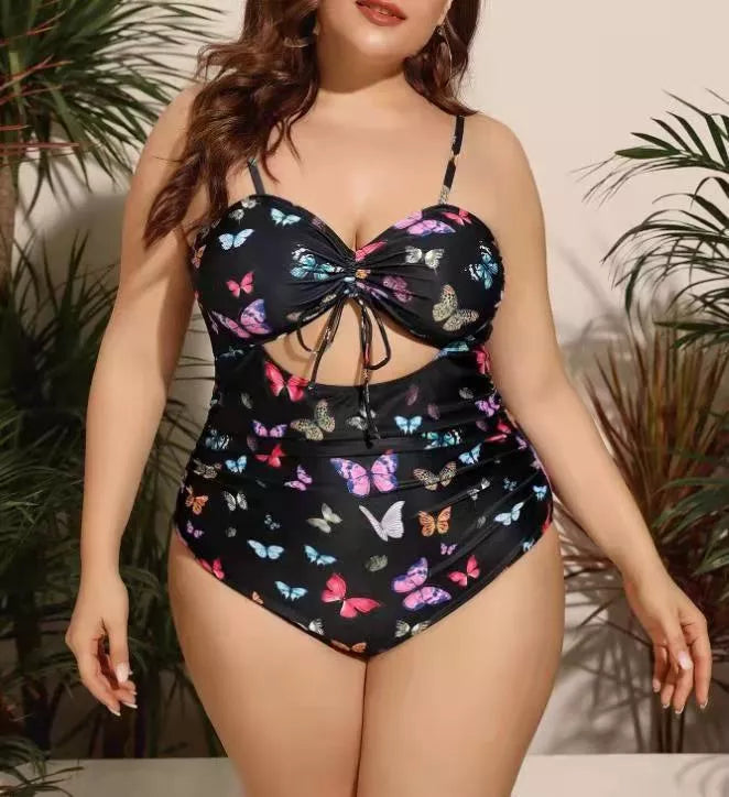 Plus size black print swimsuit with high elasticity for women
