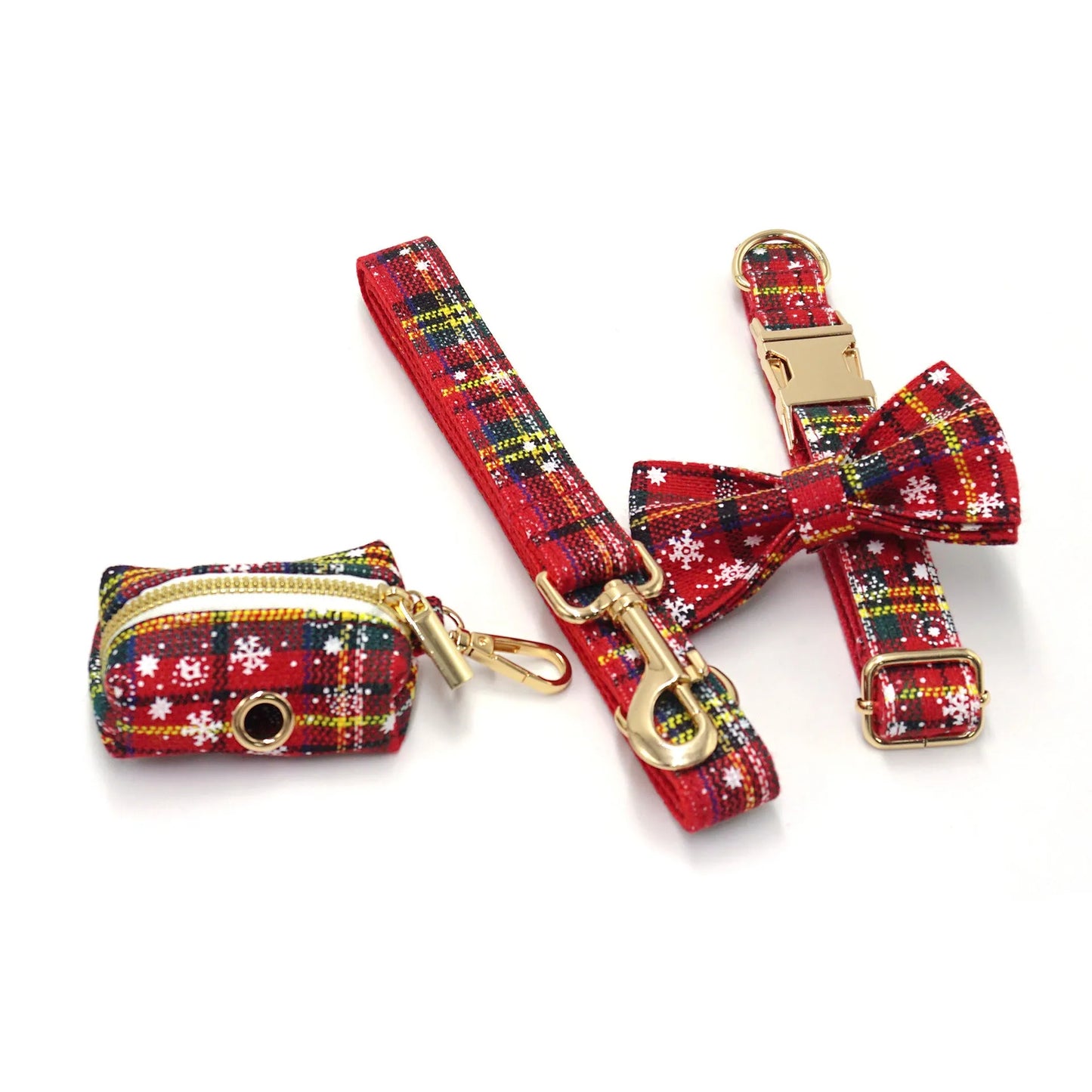 Red Christmas pet accessory set showing collar, traction rope, bowknot, harness and stool bag with laser design