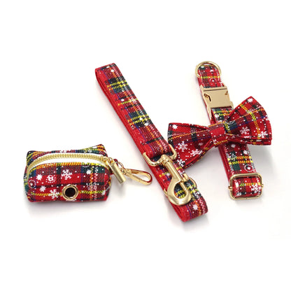 Red Christmas pet accessory set showing collar, traction rope, bowknot, harness and stool bag with laser design