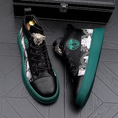 Men's high-top board shoes in black and white with breathable microfiber upper