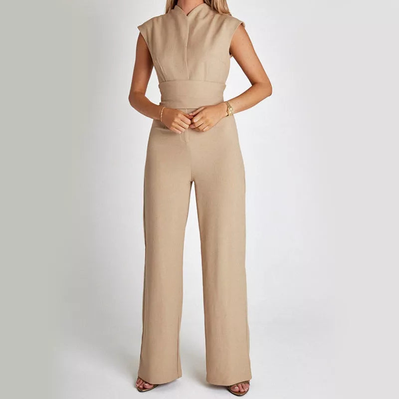 Women's sleeveless V-neck jumpsuit in black, white, or khaki with wide leg design