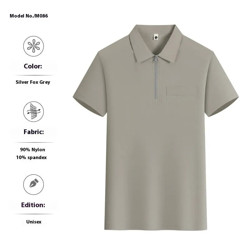 Short sleeve grey nylon work shirt with lapel zipper pockets and tooling culture design