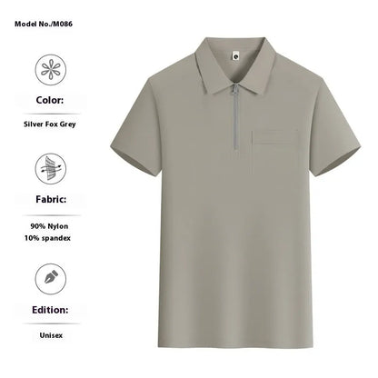 Short sleeve grey nylon work shirt with lapel zipper pockets and tooling culture design