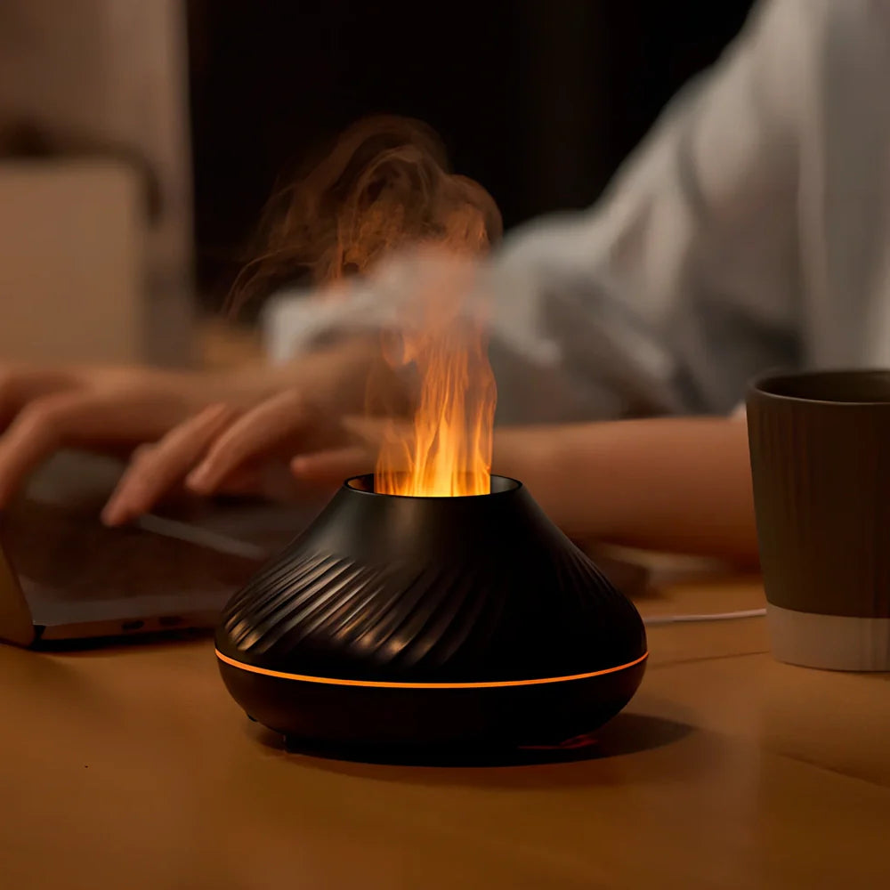 Black RGB flame aroma diffuser with colourful lighting effects and water mist emission