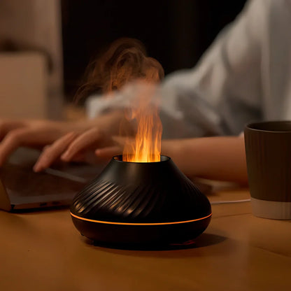 Black RGB flame aroma diffuser with colourful lighting effects and water mist emission