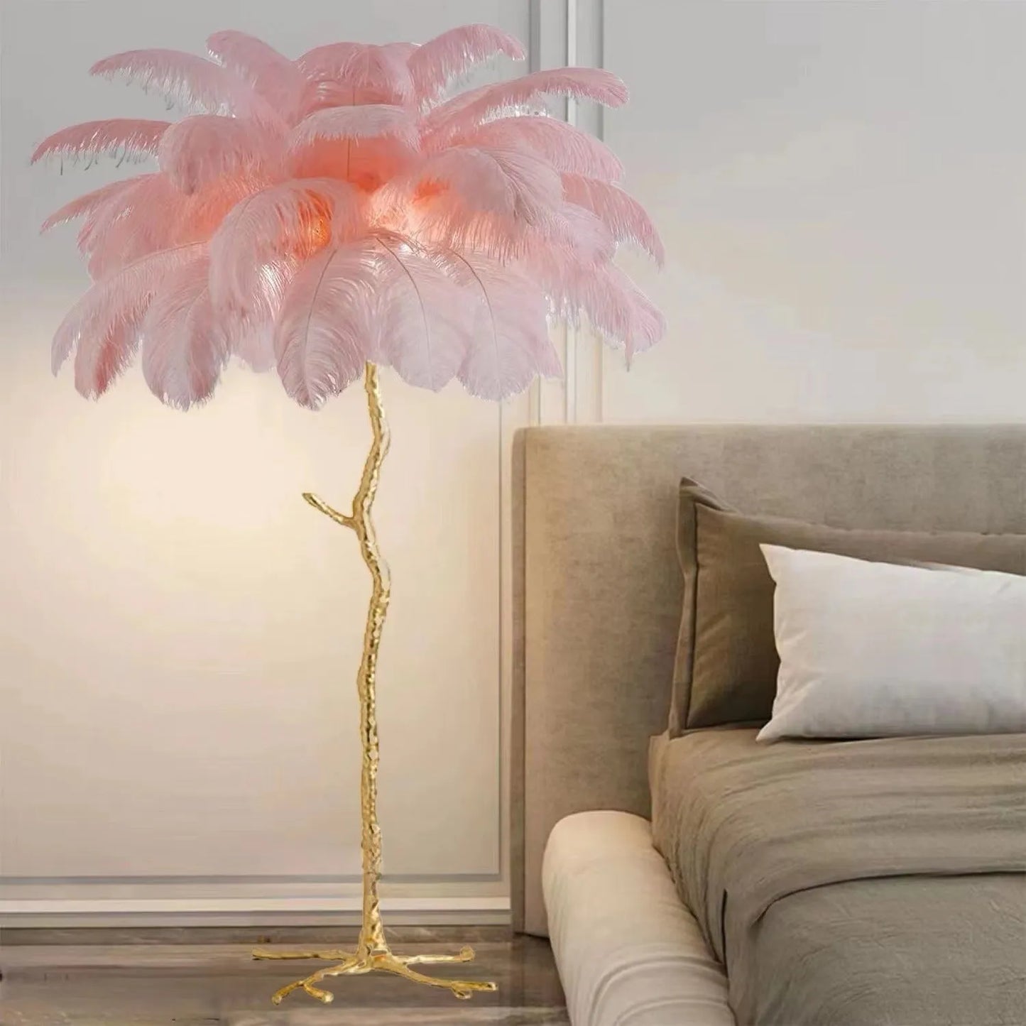 Tall decorative floor lamp with 32 resin feathers in living room setting