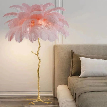 Tall decorative floor lamp with 32 resin feathers in living room setting