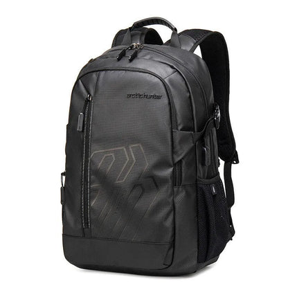 Blue plaid polyester 18-inch laptop backpack with a curved breathable shoulder strap, shown open.