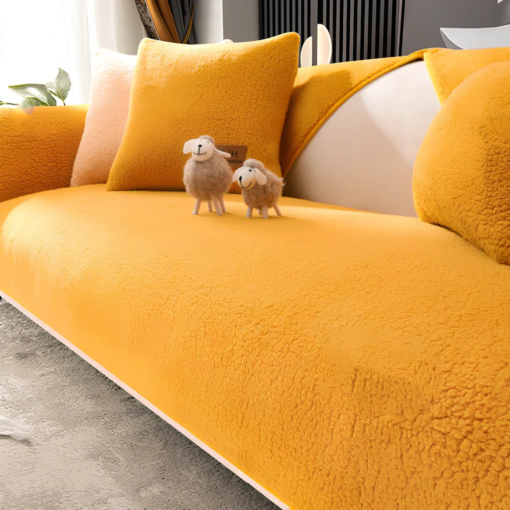 Non-slip lambswool sofa cushion in solid colour with silicone dot backing on flannel fabric