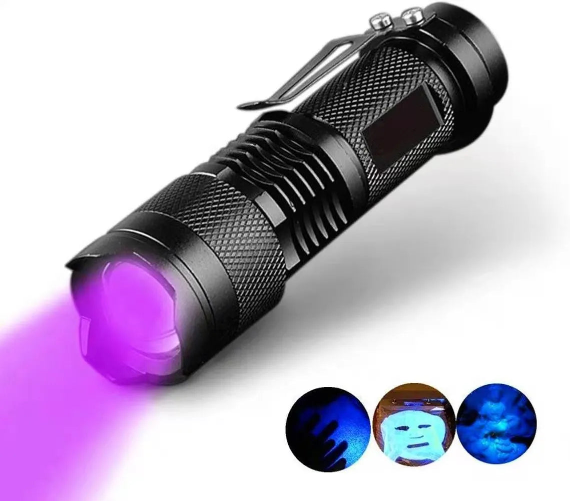 5W UV flashlight torch in aluminium alloy or ABS plastic with 365nm or 395nm purple light and XPE white light options