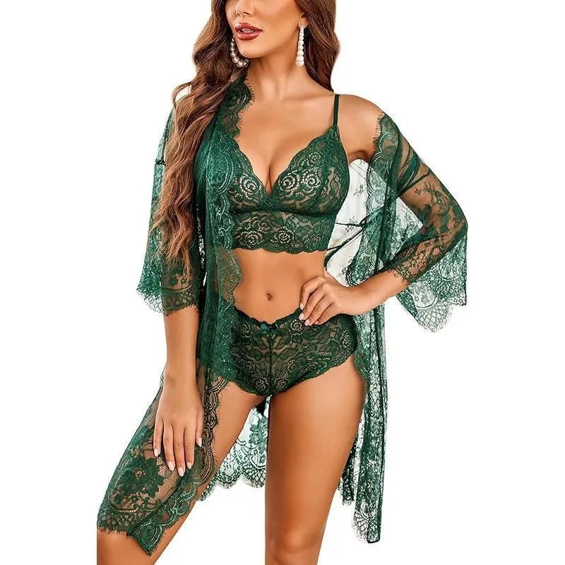 Ladies lace fabric underwear set with adjustable straps and decorative front bow detail