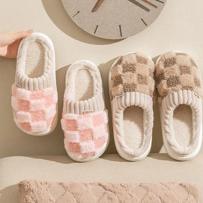 Women's plaid plush slippers with soft sole and non-slip design in various colors