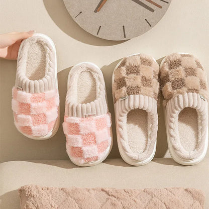 Women's plaid pattern plush slippers with coral velvet upper and non-slip sole in multiple colour options