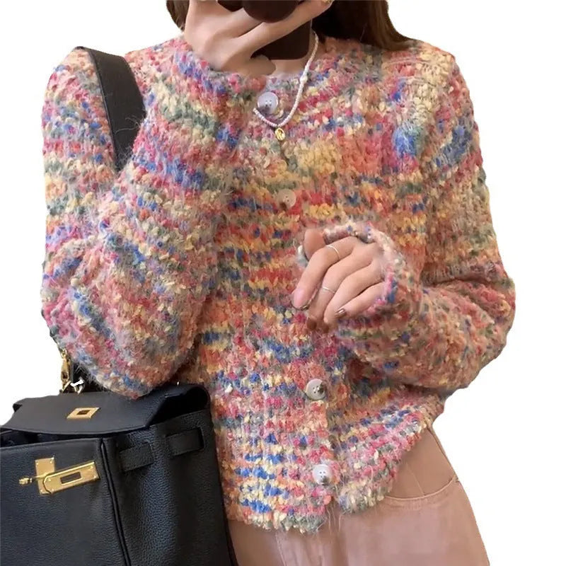 Pink and green retro style knitted cardigan with slim fit and toothbrush hair fabric