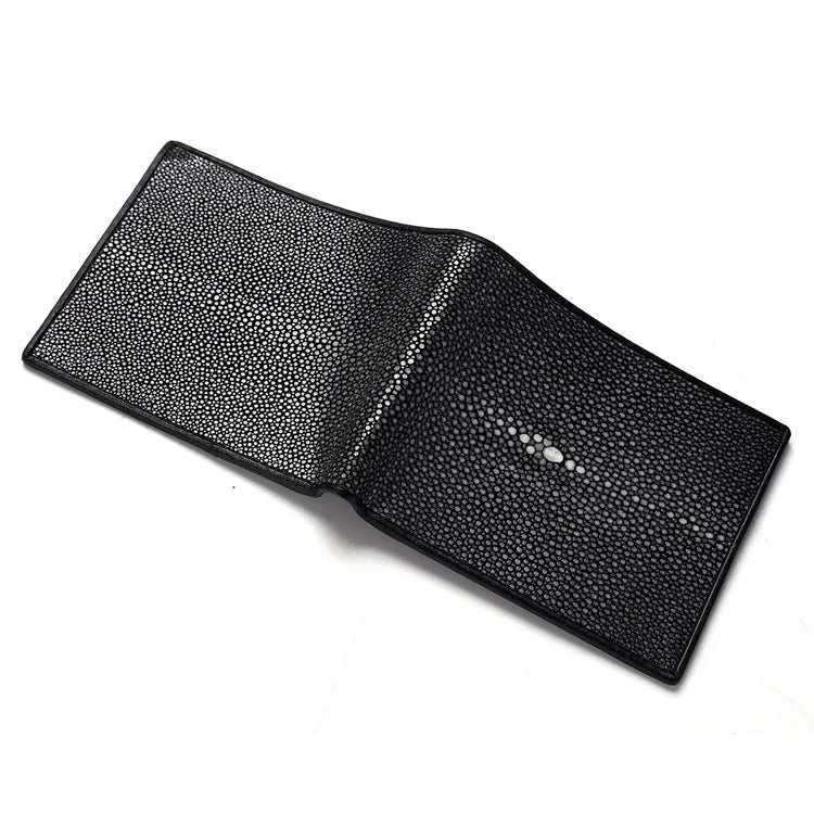 Genuine pearl fishskin leather short wallet with horizontal suitcase shape and sewing thread detail.