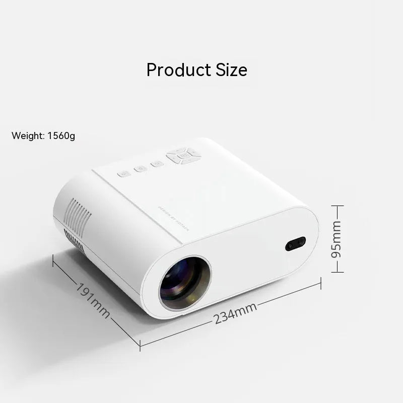 White T07 Full HD smart projector with remote control showing 1080p resolution and Android system