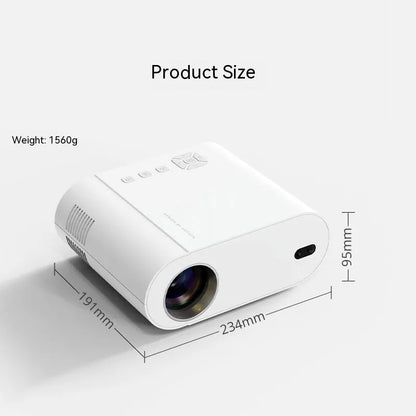 White T07 Full HD smart projector with remote control showing 1080p resolution and Android system