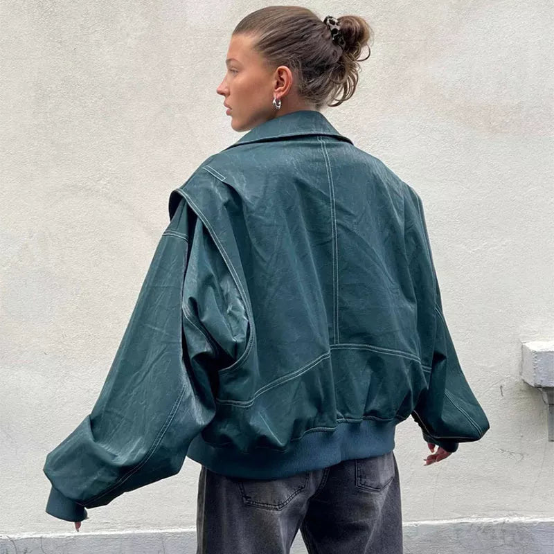 Women's loose fashion lapel zip-up jacket in chenille fabric with princess sleeves