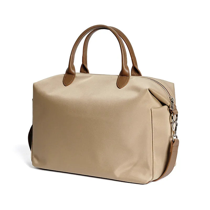 Nylon waterproof cloth shoulder bag with leather details in black or light khaki colour, 35x14x27cm dimensions