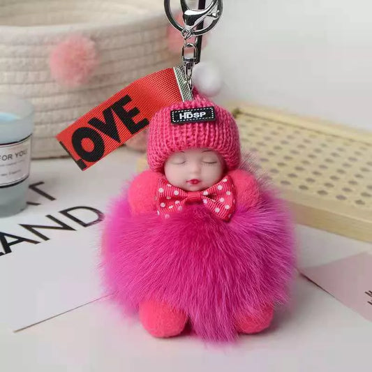 Hand-woven fox fur sleeping doll keychain pendant with optional bow