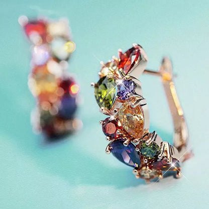 Colorful diamond crystal zircon ear clips for women, drop-shaped design with electroplated finish.
