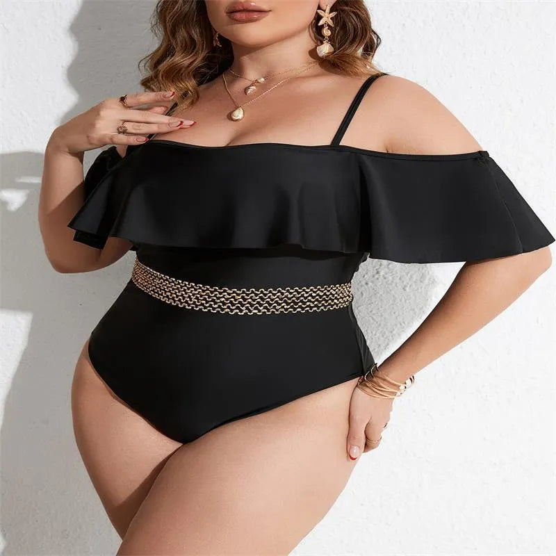 Black women's one-piece swimsuit on a mannequin, available in sizes 0XL to 4XL.