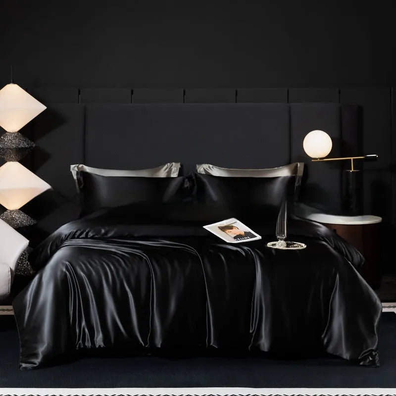 Household Fashion 100% silk bed sheet four-piece set in seven colour options showing fitted sheet, flat sheet and pillowcases